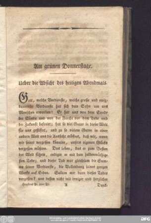 Am grünen Donnerstage. Ueber die Absicht des heiligen Abendmals.