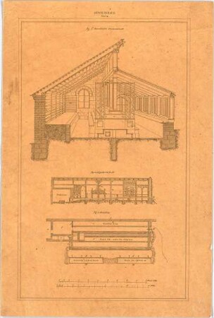 Voit, August von; Gewächshaus - Gewächshaus (Grundriss, Längsschnitt,Perspektivischer Schnitt)