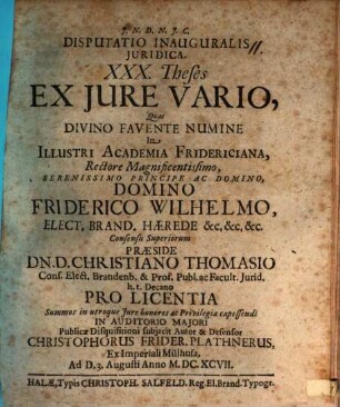 Disputatio Inauguralis Iuridica. XXX. Theses Ex Iure Vario