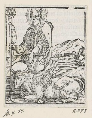 Heiliger Ambrosius und der Stier des heiligen Lukas, aus: Peter Apian, "Hortulus anime", Nürnberg 1517