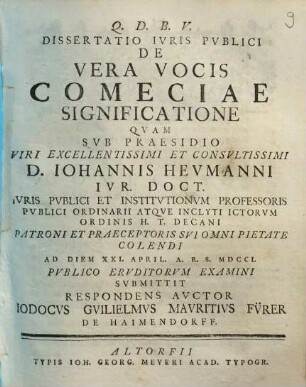 Dissertatio Ivris Pvblici De Vera Vocis Comeciae Significatione