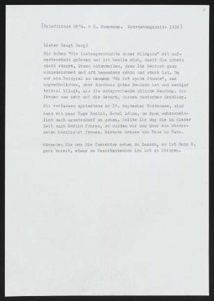Brief von Gerhart Hauptmann an Bengt Berg