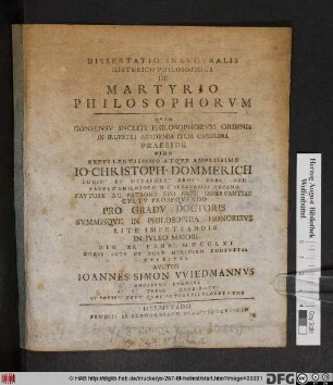 Dissertatio Inavgvralis Historico Philosophica De Martyrio Philosophorvm