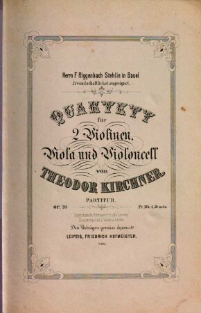 Quartett für 2 Violinen, Viola und Violoncell : op. 20