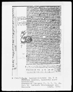 Johannes Andreae, Apparatus super Clementinas — Initiale D (iocesanus), darin ein häßlicher Menschenkopf, Folio 25recto
