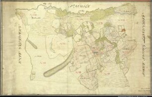 Landesaufnahme des Fürstbistums Osnabrück VI Amt Grönenberg Bl. 9 b Kirchspiel: Riemsloh Feldmark: Bennien Ortschaften: Bennien, Westhoyel, Kirchhoyel, Ohsen, Bruchmühlen Reinkarte Teil 2: Bennien, Westhoyel, Kirchhoyel Ausf.-Art: Farbige Zeichnung auf Karton, auf Leinen aufgezogen Herst.: Johann Wilhelm Du Plat Herst.: Rennekamp (Direktion: Johann Ludwig Hogreve) Format: ca. 70 x 110 cm Maßstab: 1 : 3 840