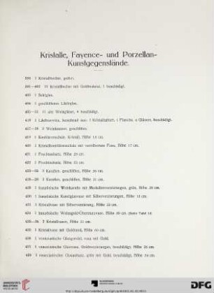 Kristalle, Fayence- und Porzellan-Kunstgegenstände (Nr. 390-605)