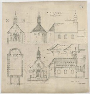 Thiersch, August ; Nordheim; Kapelle - Grundriss, Teilgrundrisse, Ansichten, Schnitte