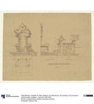 Erzabtei St. Peter, Salzburg, St. Peterskirche, Throneinbau, Pult, Grundriss und Ansichten, Lichtpause