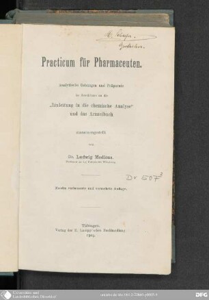 Practicum für Pharmaceuten : Analytische Uebungen und Präparate im Anschlusse an die "Einleitung in die chemische Analyse" und das Arzneibuch