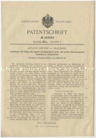 Patentschrift einer Vorderkarre für Pflüge mit doppelt durchgekröpfter Achse und mittels Schraubensdepindel einstellbarem Achsschenkel, Patent-Nr. 253056