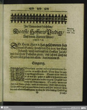 Im Namen des Höchsten, Die erste HoffartsPredigt, Auß denen Worten Amos, cap. 6. v. 8.