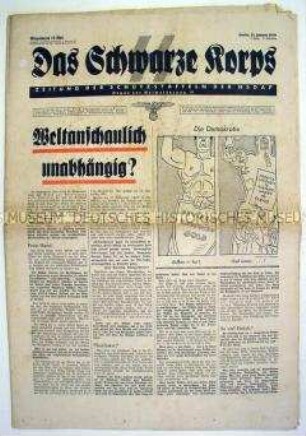Wochenzeitung der SS "Das Schwarze Korps" u.a. zur Berichterstattung der britischen Presse über Differenzen innerhalb der NSDAP-Führung
