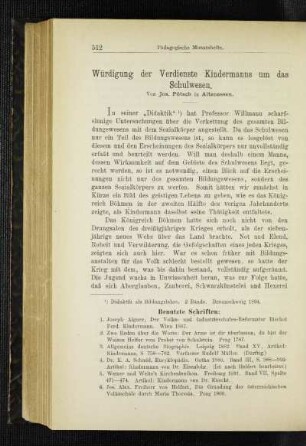 Würdigung der Verdienste Kindermanns um das Schulwesen
