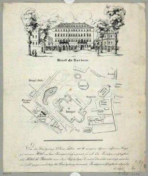 Das Hotel de Bavière an der Ostraallee in Dresden, mit Lageplan und Text in Briefform