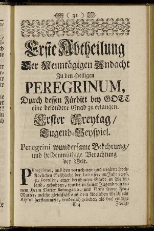Erste Abtheilung Der Neuntägigen Andacht zu den Heiligen Peregrinum,[...]