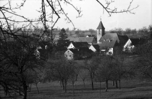 Hertingen: Blick auf Dorf von Südwesten, Vordergrund runder Ast