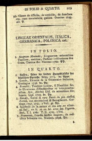 Linguæ Orientalis, Italica, Germanica, Polonica cet.