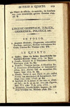 Linguæ Orientalis, Italica, Germanica, Polonica cet.