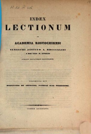Index lectionum in Academia Rostochiensi ... publice privatimque habendarum, SS 1843
