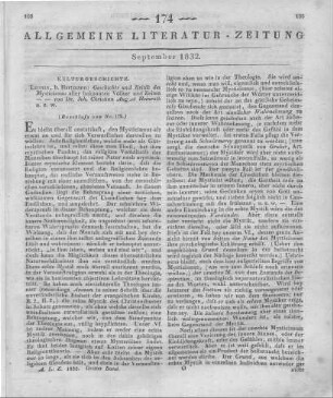 Heinroth, J. C. A.: Geschichte und Kritik des Mysticismus aller bekannten Völker und Zeiten. Ein Beytrag zur Seelenheilkunde. Leipzig: Hartmann 1830 (Beschluss von Nr. 173)