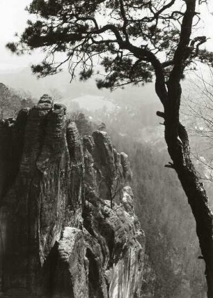 Sächsische Schweiz. Blick von der Bastei nach Rathen (vorn links: Steinschleuder)