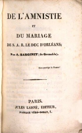 De l'amnistie et du mariage de SAR le duc d'Orléans