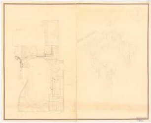 Garten Dr. Haas, Berlin-Dahlem. Anbau: Lageplan mit Gartenplan, perspektivische Ansicht (Vogelschau) 1:100