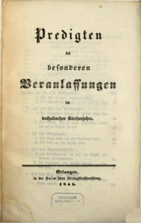 Predigten, 5. Predigten bei besonderen Veranlassungen im katholischen Kirchenjahre