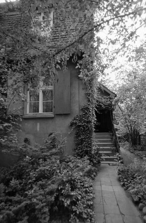 Blick auf ein Wohnhaus mit zugewachsenem Hauseingang, Dessau