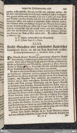 CLXX. Reichs-Gutachten über verstehendes Kayserliches Commißions-Decret, die mit der Cron Franckreich errichtete Friedens-Präliminarien [et]c. [et]c. betreffend, dictat. 19 Maji 1736