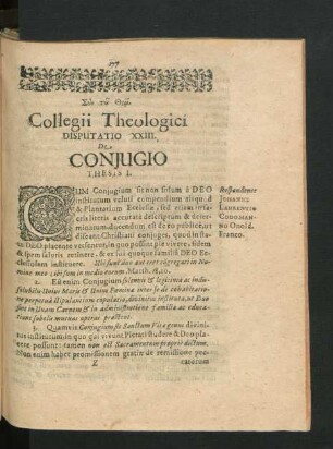 Disputatio XXIII. De Coniugio.
