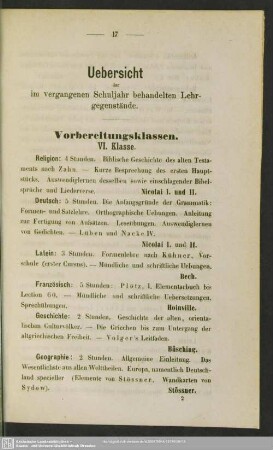 Uebersicht der im vergangenen Schuljahr behandelten Lehrgegenstände