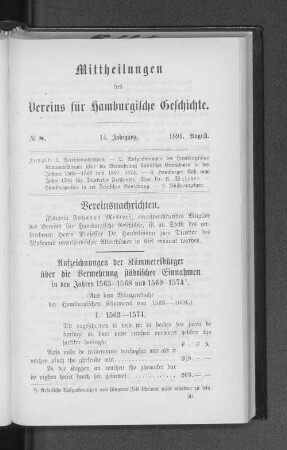 Aufzeichnungen der Kämmereibürger über die Vermehrung städtischer Einnahmen in den Jahren 1563--1568 und 1569--1574. : (Aus dem Bilanzenbuche der Hamburgischen Kämmerei von 1563--1604.)