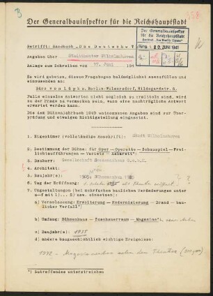 Stadttheater, Wilhelmshaven: Fragebogen für das Handbuch »Das Deutsche Theater«, vierseitiges Dokument