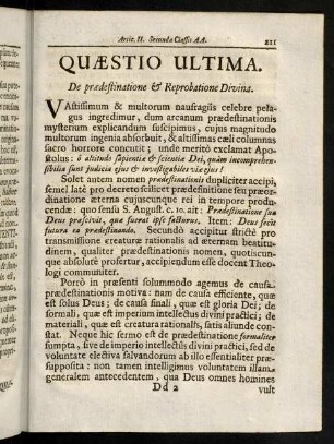 211-238, Quaestio Ultima. De praedestinatione & reprobatione Divina.