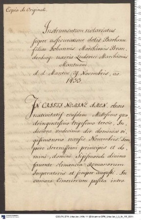 Bosius, kaiserlicher Notar zu Mantua, beurkundet die Vereinbarung zur Sicherstellung der Mitgift der Gemahlin Markgraf Ludwigs von Mantua, Markgräfin Barbara von Brandenburg, Tochter Markgraf Johanns von Brandenburg