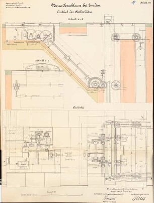 Neue Seeschleuse, Emden: Rollschütz, Antrieb: Aufsicht, Schnitte 1:20