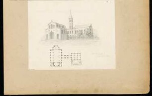 Kirche mit Schulhaus Monatskonkurrenz März 1844: Grundriss, perspektivische Ansicht