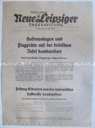Extrablatt der "Neuen Leipziger Tageszeitung" zu deutschen Luftangriffen auf England und italienischen Luftangriffen auf Gibraltar