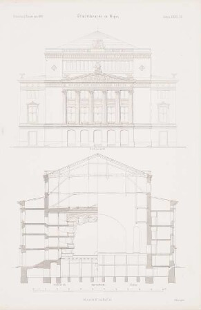 Stadttheater, Riga: Vorderansicht, synoptischer Schnitt durch Auditorium und Bühne (aus: Atlas zur Zeitschrift für Bauwesen, hrsg. v. G. Erbkam, Jg. 19, 1869)