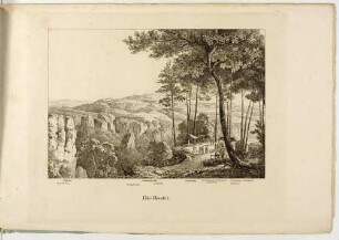 Die Bastei in der Sächsischen Schweiz mit Hütten und der Aussicht nach Osten, aus: Die Bastei in fünf Ansichten von Ludwig Richter, Heft 1 der Reihe "Die Sächsische Schweiz in Bildern"