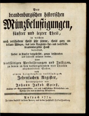 5. Theil: Der brandenburgischen historischen Münzbelustigungen, ... ,Theil
