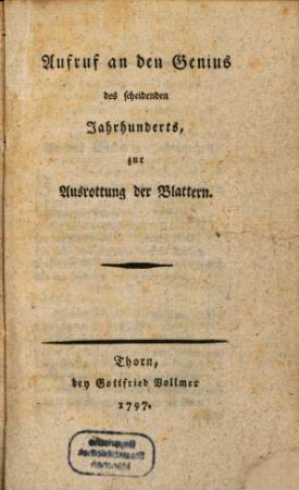 Aufruf an den Genius des scheidenden Jahrhunderts, zur Ausrottung der Blattern