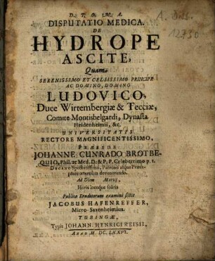 Disputatio Medica. De Hydrope Ascite