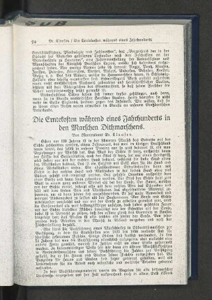 Die Erntekosten während eines Jahrhunderts in den Marschen Dithmarschens