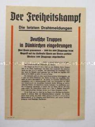Nachrichtenblatt der sächsischen NSDAP-Zeitung "Der Freiheitskampf" zum Vormarsch der deutschen Truppen auf Dünkirchen
