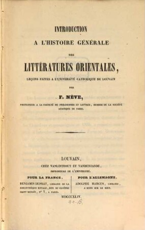 Introduction à l'histoire générale des littératures orientales : leçons faites à l'Université Catholique de Louvain