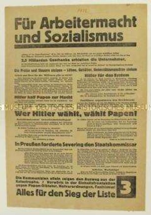 Kommunistischer Sonderdruck zur Reichstagswahl im Juli 1932 mit heftiger Polemik gegen Sozialdemokraten und Nationalsozialisten