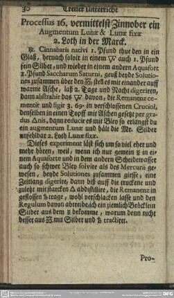 Processus 16. vermittelst Zinnober ein Augmentum Lunae & Lunae fixae 2. Loth in der Marck